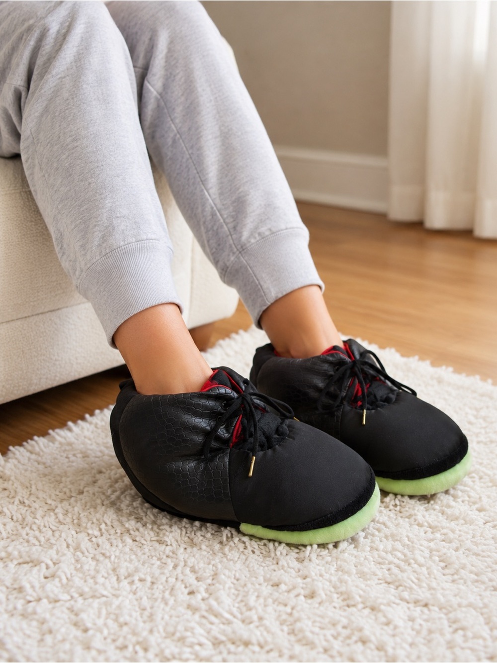 Black Sneaker Style Slippers Red Lining Green Sole One Size 6-11